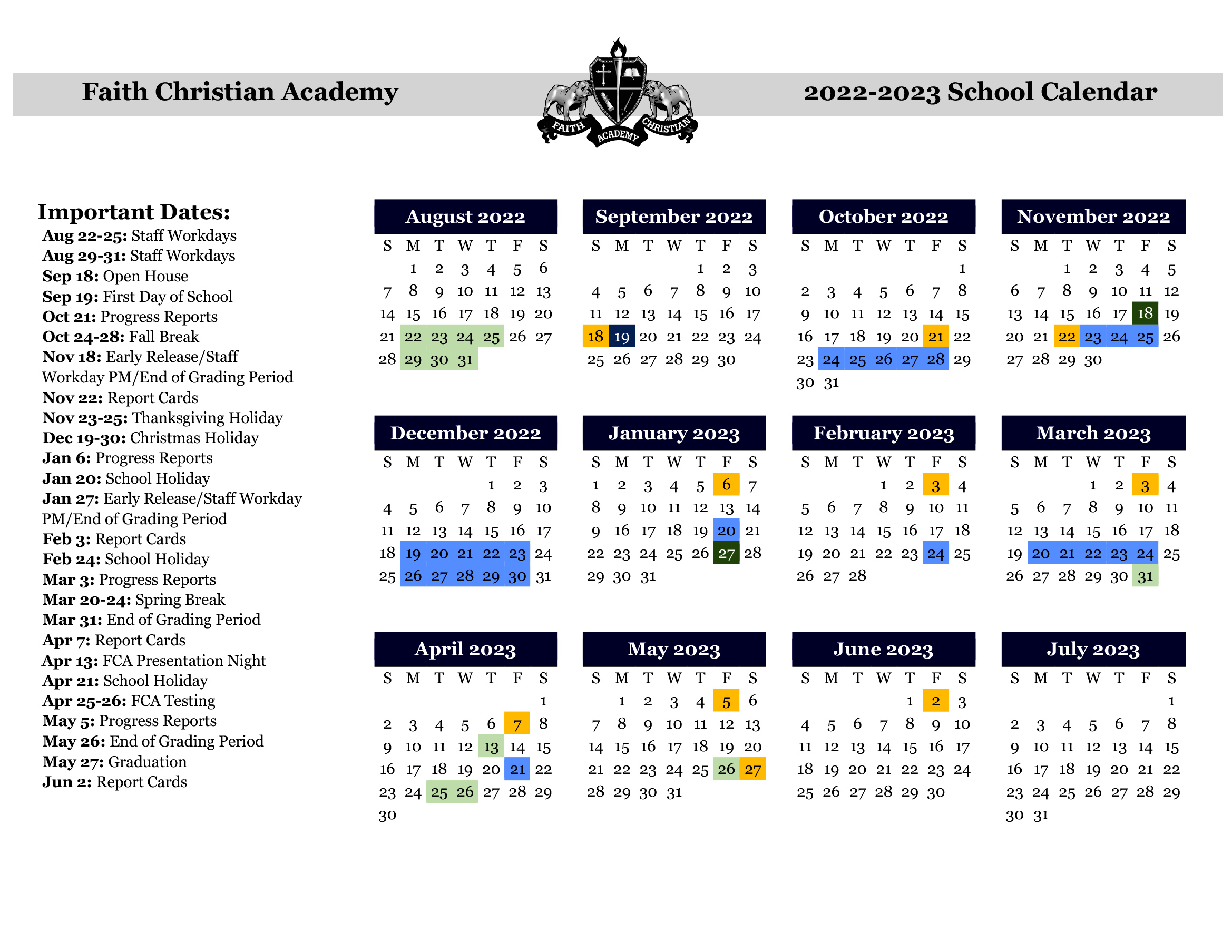 2022-2023 Calendar | Faith Christian Academy: Georgetown, Texas